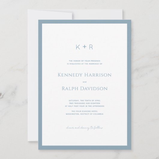 Invitation Monogramme moderne classique Bordure bleu ardoise (Devant)