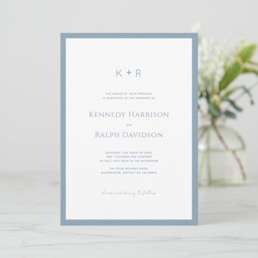 Invitation Monogramme moderne classique Bordure bleu ardoise (Debout devant)