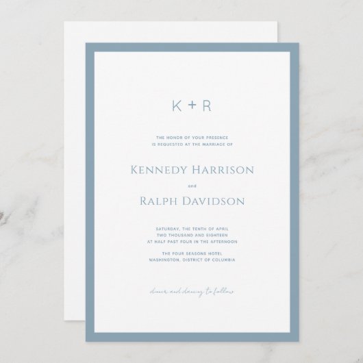 Invitation Monogramme moderne classique Bordure bleu ardoise (Devant / Derrière)