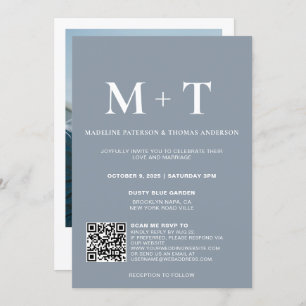 Invitation Monogramme moderne Dusty bleu QR Code Rsvp Mariage