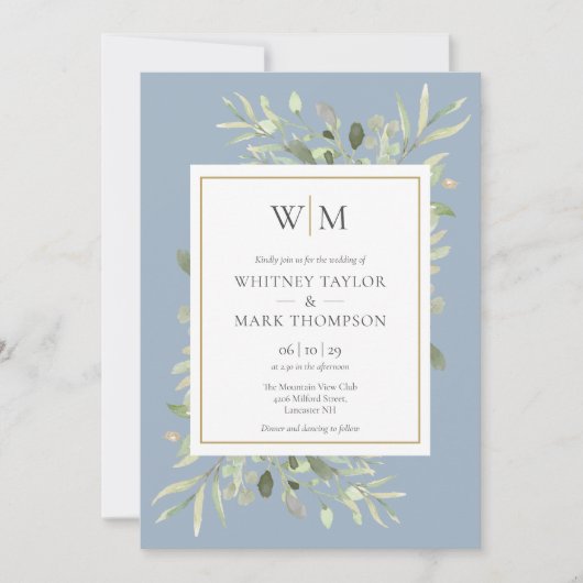 Invitation Monogramme moderne Dusty Blue Greenery Mariage (Devant)