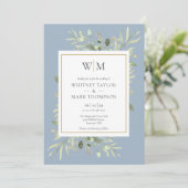 Invitation Monogramme moderne Dusty Blue Greenery Mariage pho (Debout devant)