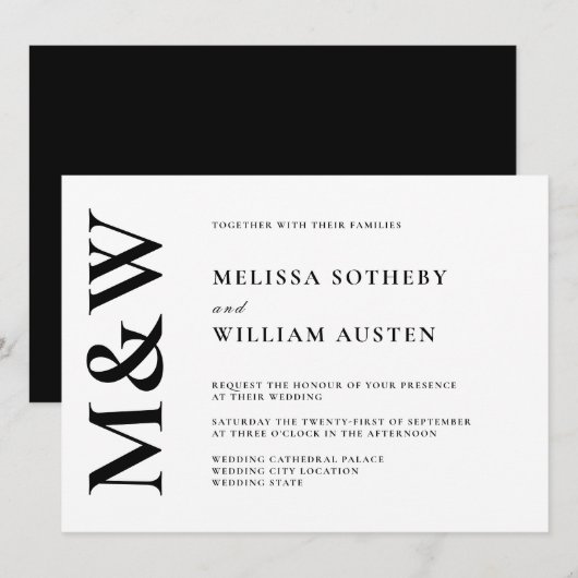 Invitation Monogramme moderne Gras noir et blanc Mariage (Devant / Derrière)