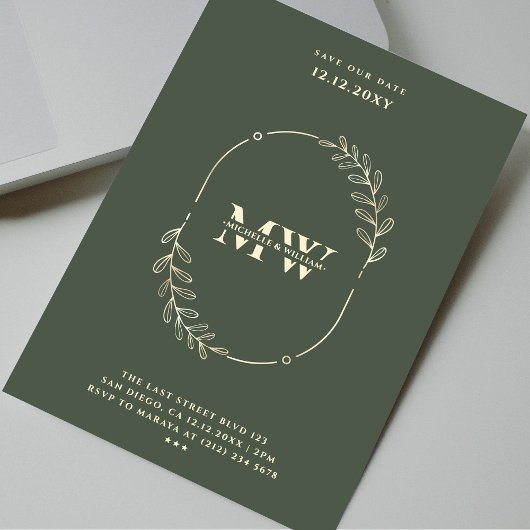 Invitation Monogramme moderne Mariage élégant Vert foncé Or