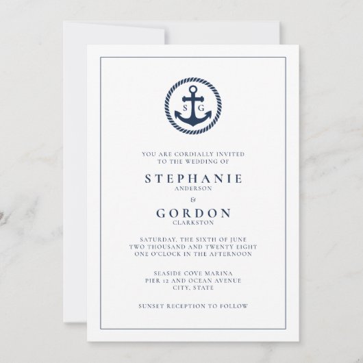 Invitation Monogramme moderne Mariage nautique (Devant)