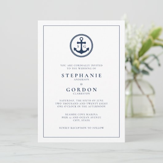 Invitation Monogramme moderne Mariage nautique (Debout devant)