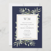 Invitation Monogramme moderne Marine Blue Greenery Mariage ph (Devant)