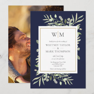 Invitation Monogramme moderne Marine Blue Greenery Mariage ph