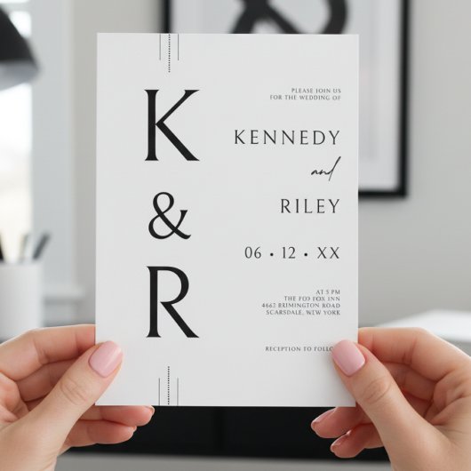 Invitation Monogramme moderne noir et blanc Mariage de code Q