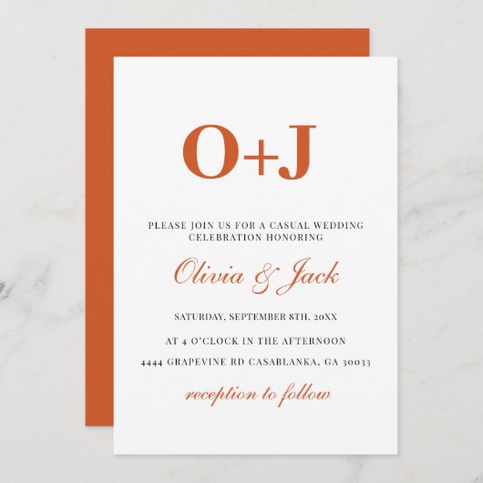Invitation Monogramme moderne Orange minimaliste Mariage Déco (Devant / Derrière)
