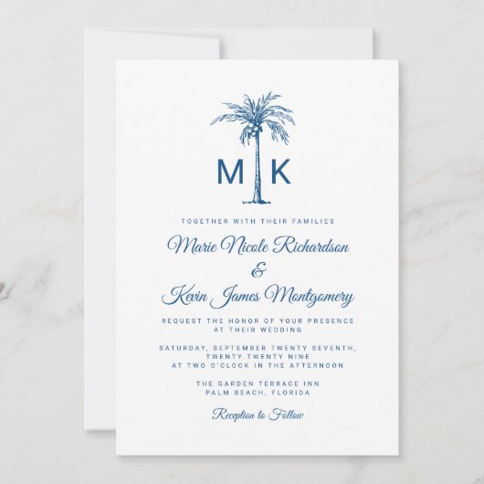 Invitation Monogramme moderne Palm Tree Mariage de plage form (Devant)