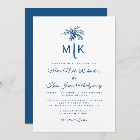 Invitation Monogramme moderne Palm Tree Mariage de plage form (Devant / Derrière)