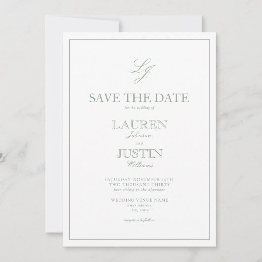 Invitation Monogramme moderne Sage vert Script Enregistrer la (Devant)