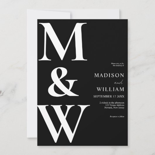 Invitation Monogramme moderne simple Mariage noir et blanc (Devant)
