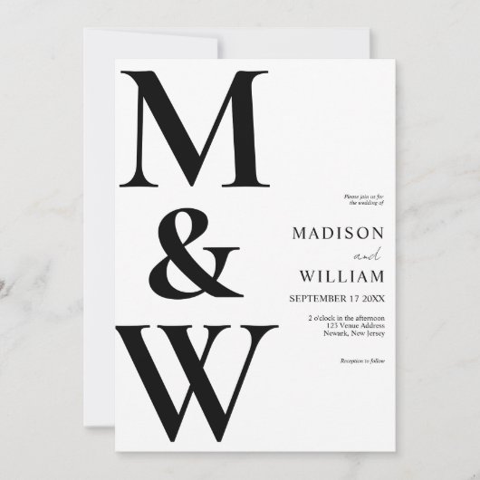 Invitation Monogramme moderne simple Mariage noir et blanc (Devant)