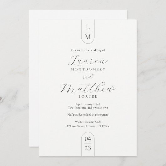 Invitation Monogramme moderne Simple Mariage noir et blanc (Devant / Derrière)