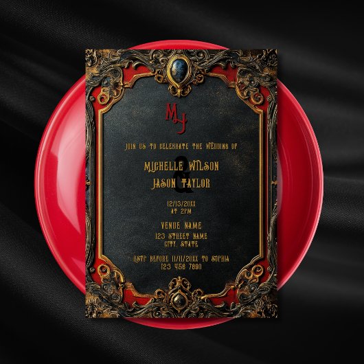 Invitation Monogramme moderne Tarot gothique noir et or