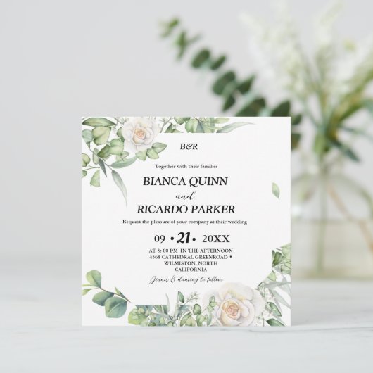 Invitation Monogramme moderne vert eucalyptus Carré Mariage (Debout devant)