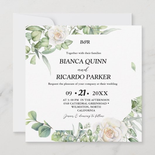 Invitation Monogramme moderne vert eucalyptus Carré Mariage (Devant)