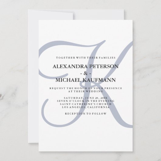 Invitation Monogramme moderne vertical | Mariage bleu (Devant)
