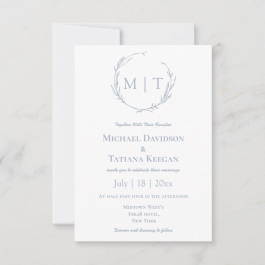 Invitation monogramme naturel moderne mariage Dusty Blue (Devant)