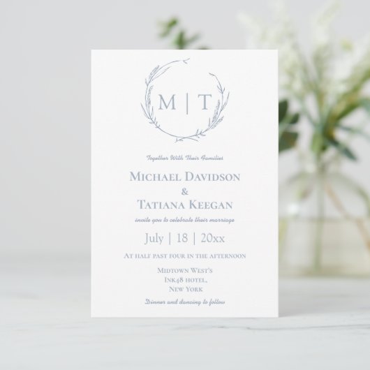 Invitation monogramme naturel moderne mariage Dusty Blue (Debout devant)