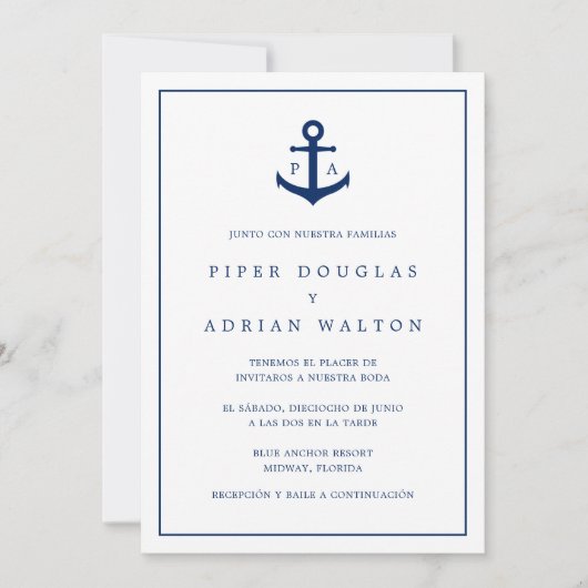 Invitation Monogramme nautique Ancre bleue marine Mariage esp (Devant)