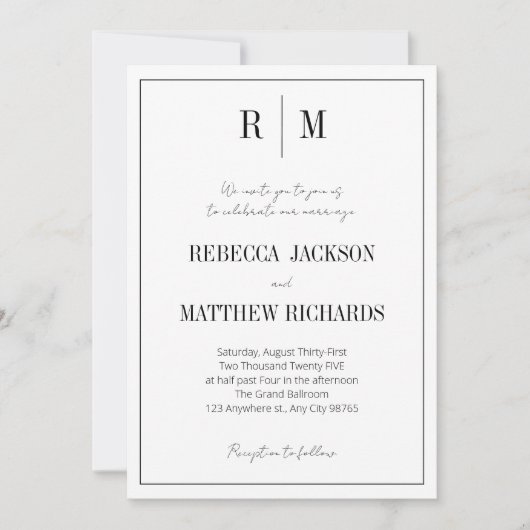 Invitation Monogramme noir blanc classique Mariage élégant (Devant)