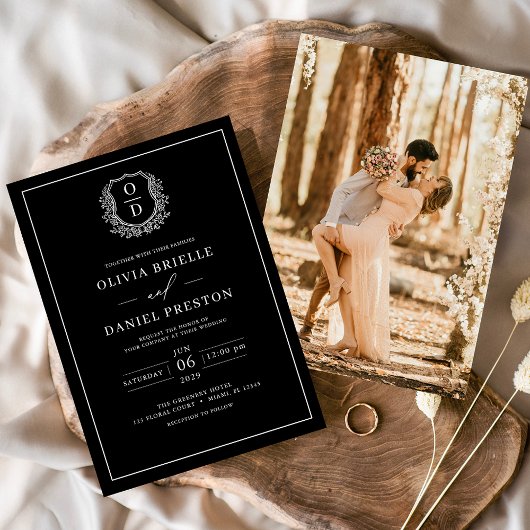 Invitation Monogramme noir blanc poitrine Mariage photo