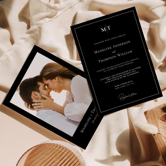 Invitation Monogramme noir classique avec Mariage photo front