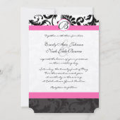 Invitation Monogramme noir et blanc damas garniture rose (Devant)