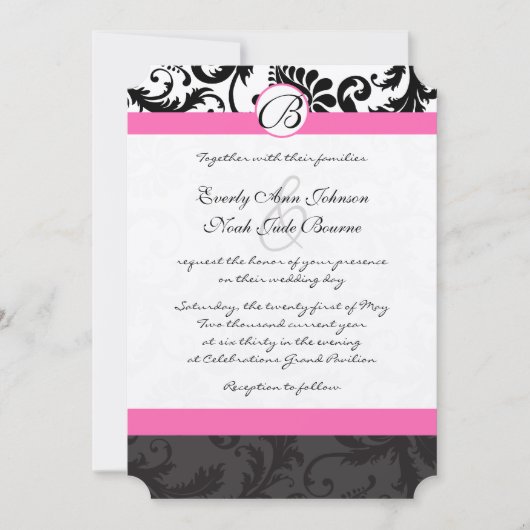 Invitation Monogramme noir et blanc Damas rose Trier (Devant)