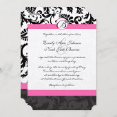 Invitation Monogramme noir et blanc Damas rose Trier (Devant / Derrière)