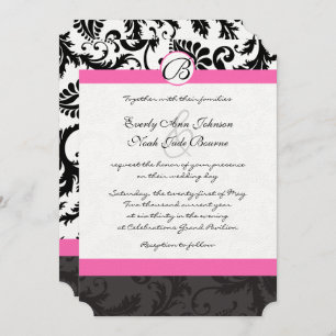 Invitation Monogramme noir et blanc Damas rose Trier