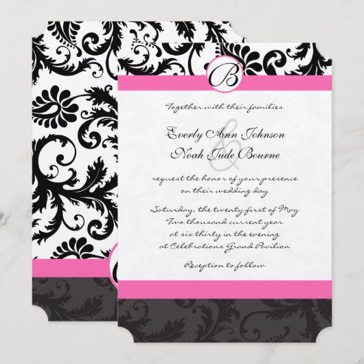 Invitation Monogramme noir et blanc Damask rose Trim (Devant / Derrière)