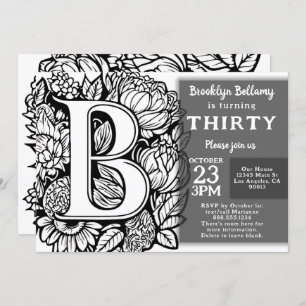 Invitation Monogramme noir et blanc Fleurs de tatouage Annive