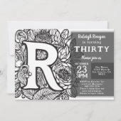 Invitation Monogramme noir et blanc Fleurs de tatouage Annive (Devant)