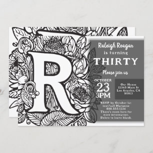 Invitation Monogramme noir et blanc Fleurs de tatouage Annive