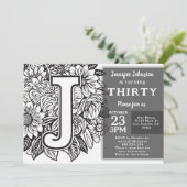Invitation Monogramme noir et blanc Fleurs de tatouage Annive (Debout devant)