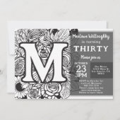 Invitation Monogramme noir et blanc Fleurs de tatouage Annive (Devant)