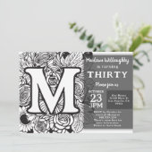 Invitation Monogramme noir et blanc Fleurs de tatouage Annive (Debout devant)