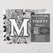 Invitation Monogramme noir et blanc Fleurs de tatouage Annive (Devant / Derrière)