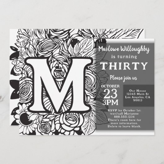 Invitation Monogramme noir et blanc Fleurs de tatouage Annive (Devant / Derrière)