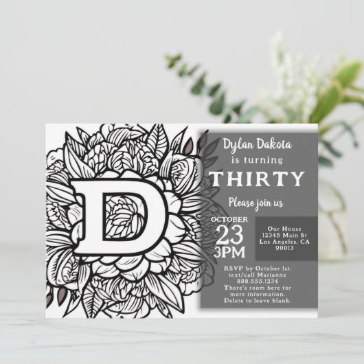 Invitation Monogramme noir et blanc Fleurs de tatouage Annive (Debout devant)