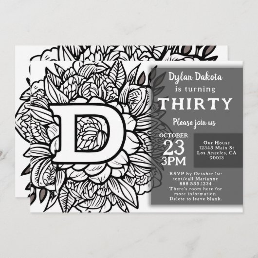 Invitation Monogramme noir et blanc Fleurs de tatouage Annive (Devant / Derrière)