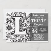 Invitation Monogramme noir et blanc Fleurs de tatouage Annive (Devant)