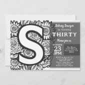 Invitation Monogramme noir et blanc Fleurs de tatouage Annive (Devant)