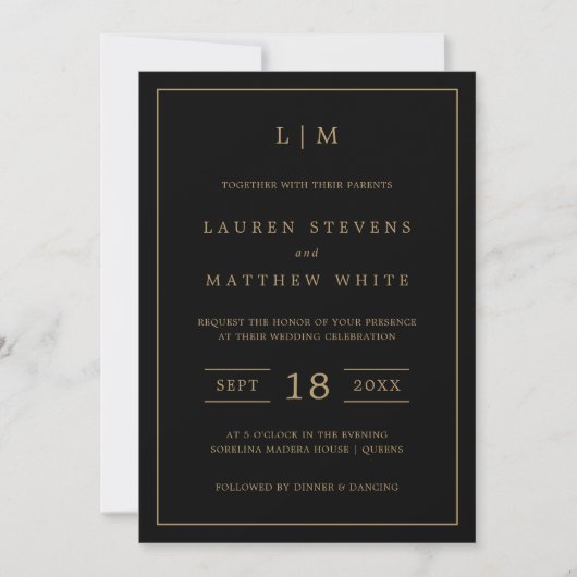 Invitation Monogramme noir et or simple Mariage élégant (Devant)