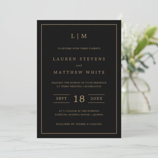 Invitation Monogramme noir et or simple Mariage élégant (Debout devant)