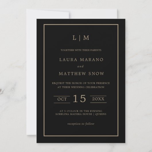 Invitation Monogramme noir et or simple Mariage moderne (Devant)